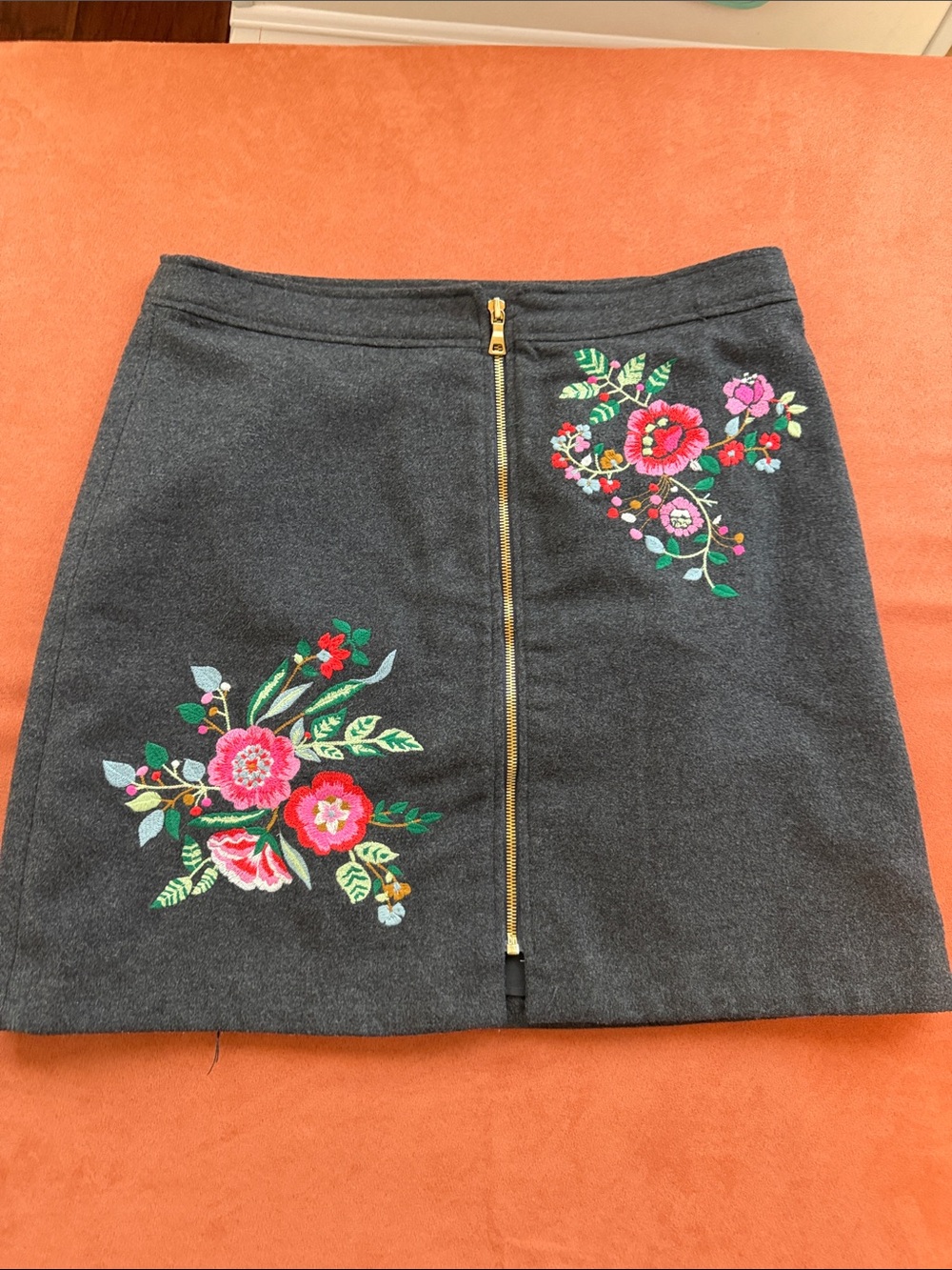 LOFT Charcoal Mini Skirt with Pink & Red Floral Embroidery